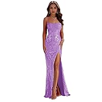 Mermaid Sequin Prom Dresses for Women Long Sparkly Spaghetti Straps Formal Evening Gown with Slit