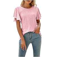 Summer Tops for Women Cute Ruffle Sleeve Eyelet T Shirt Loose Sexy Casual Tunic Flowy Blouses Cute Flattering Tee