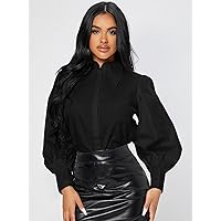 Womens Summer Tops Solid Bishop Sleeve Blouse (Color : Black, Size : X-Small)