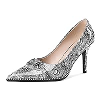 Soireelady Womens High Heel Beaded Pumps Closed Pointed Toe Stiletto Heels Buckle Bow Slip On Fashion Dress Shoes Patent 3.5 Inch