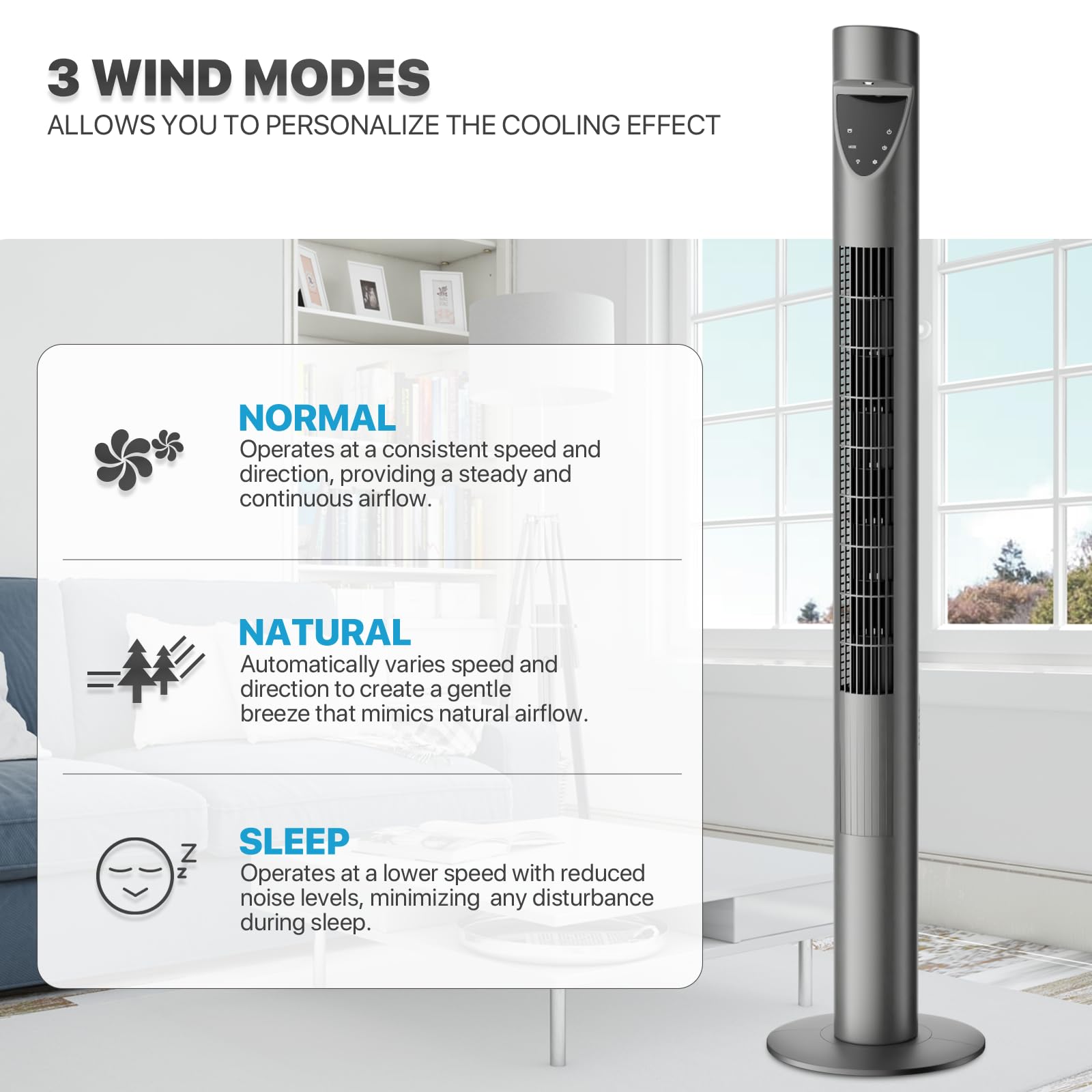 mollie Oscillating Quiet Tower Fan with Remote Control 3 Speeds 12H Timer Portable LED Display 47 Inch Electric Air Circulator Cooling Floor Standing Fan for Home Bedroom Office Living Room Gray