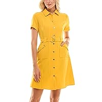 Sharagano Women's Button-up Shirt Dress with Belt and Angled Front Pockets