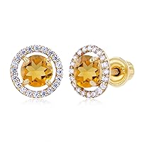 Solid 14K Gold 8mm Halo Natural Birthstone Screwback Stud Earrings For Women | 5mm Round Birthstone | 1mm Created White Sapphire Halo Screwback Earrings For Women and Girls