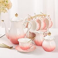 DUJUST 22 pcs Porcelain Tea Set for 6, Luxury British Style Tea/Coffee Cup Set with Golden Trim, Beautiful Tea Set for Women, Tea Party Set, Gift Package (With a Stand) - Gradient Pink