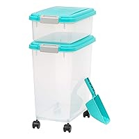 IRIS USA 3-Piece 41 Lbs / 45 Qt WeatherPro Airtight Pet Food Storage Container Combo with Scoop and Treat Box, for Dog Cat and Bird Food, Translucent Body, Keep Fresh, Easy Mobility, Seafoam Blue
