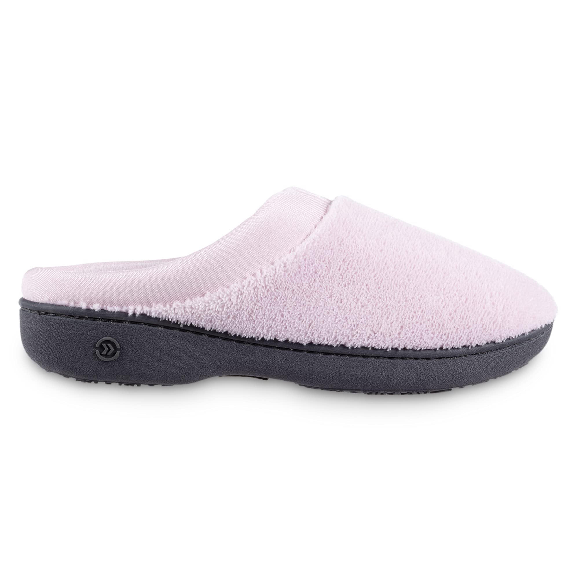 isotoner Women's Terry and Satin Slip on Cushioned Slipper with Memory Foam for Indoor/Outdoor Comfort Flat Sandals