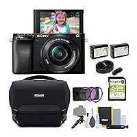 Sony Alpha a6100 APS-C Mirrorless Interchangeable-Lens Camera with 16-50mm Lens Bundle with Gadget Bag, 40.5mm 3-Piece UV, CPL, FLD Lens Filter Kit, Rechargeable Battery, and Memory Card (5 Items)