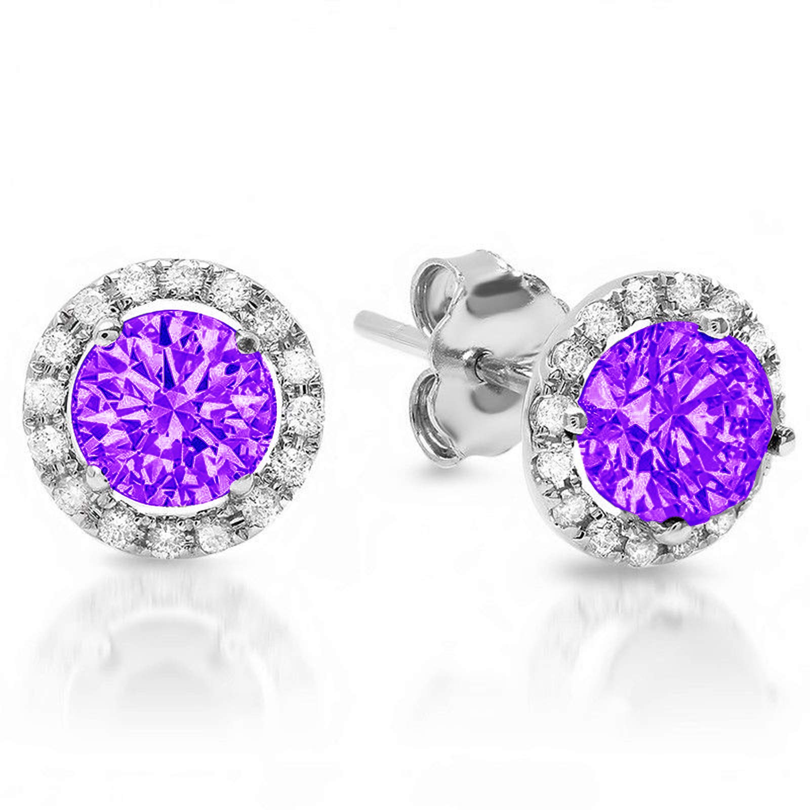 1.60 ct Round Cut ideal VVS1 Conflict Free Gemstone Halo Solitaire Natural Purple Amethyst Designer Solitaire Stud Screw Back Earrings Solid 14k White Gold