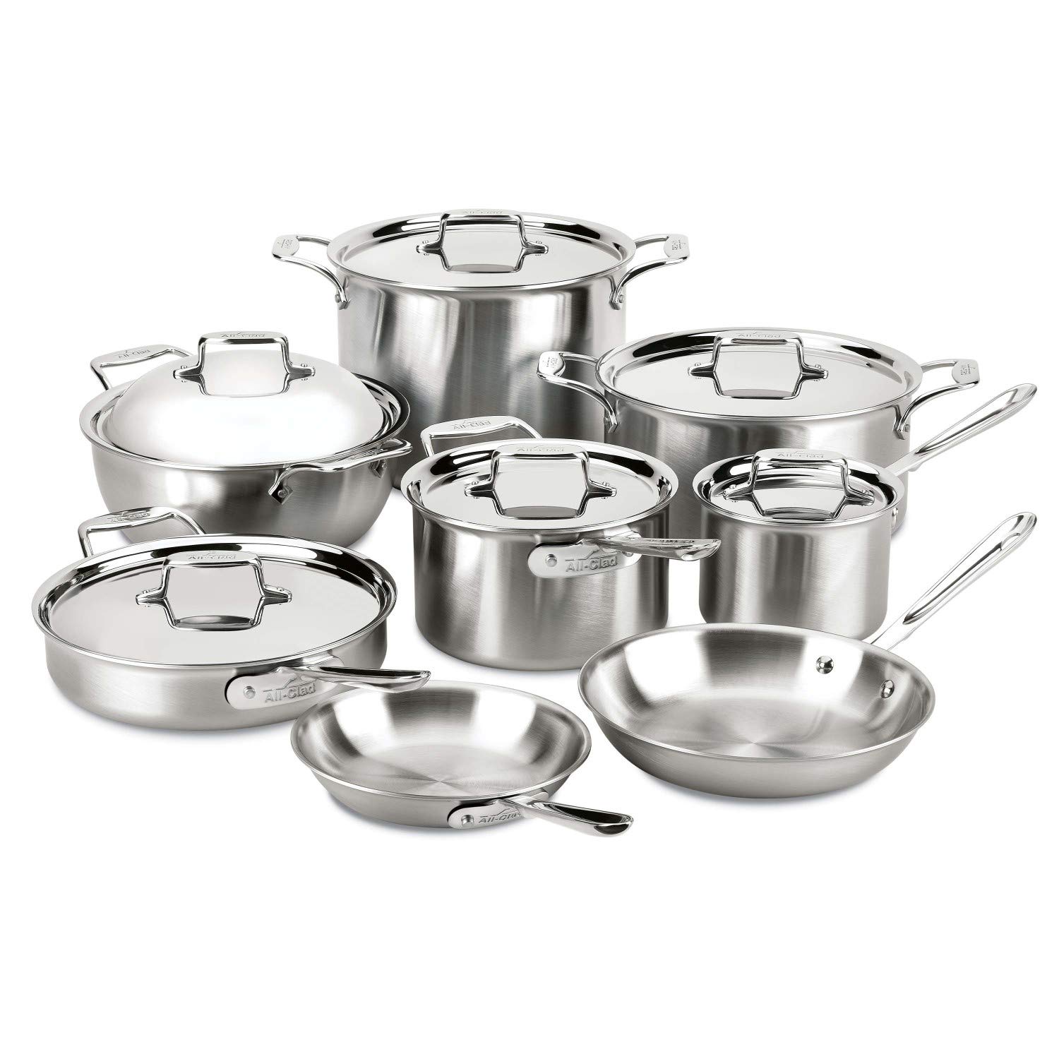 All-Clad D5 5-Ply Brushed Stainless Steel Cookware Set 14 Piece Induction Oven Broil Safe 600F Pots and Pans