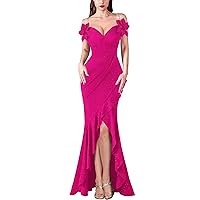VFSHOW Womens Formal Spaghetti Strap Cold Shoulder Ruched Ruffle Slit Maxi Dress Sexy Sweetheart 3D Flower Prom Evening Gown