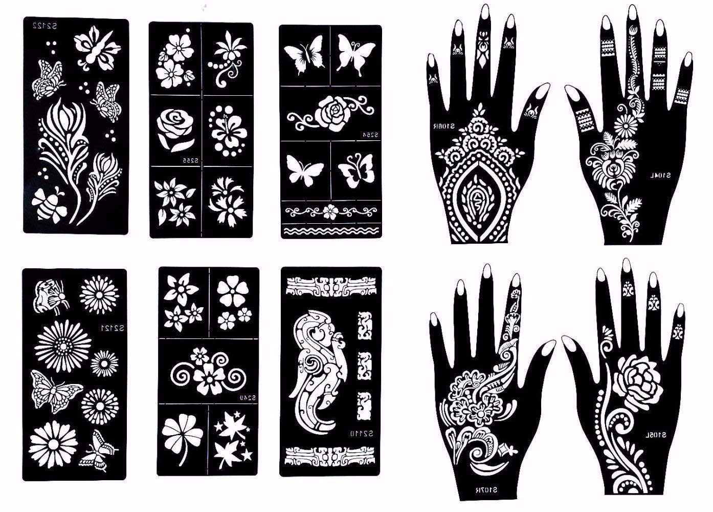 Gilded Girl Reusable Stencils for Henna Tattoo (10 Sheets) Beautiful Hands and Body Art Temporary Tattoo Templates, Airbrush / Face paint / Glitter /Self-Adhesive Flower, Butterfly Designs