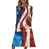 Women's July 4th Patriotic Amercian Flag Shine Patriotic Half Sleeve Spring Sumemr Maxi Dress with Pocket