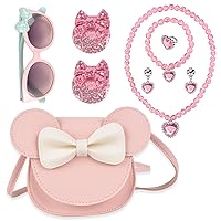QZUnique Little Mouse Ear Bow Crossbody Purse Set, Mini Shoulder Bag with Jewelry Set Hair Clip Sunglass, PU Coin Purse Handbag Dress Up Gift for Kids Girls Toddlers, 7 Pack
