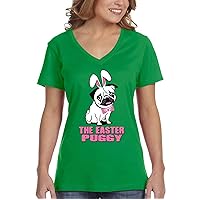 Women's Pug Dog Ears Easter Bunny Holiday V-Neck Short Sleeve T-Shirt