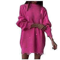 Sale Women's Fashion Sweater Short Dress Oversized Long Sleeve Tunic Jumper Dress Solid Ripped Hem Knit Tunic Dresses Sudadera Con Capucha Naranja Hot Pink
