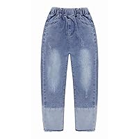 KIDSCOOL SPACE Girl Jeans,Elastic Elastic Waist Patchwok Raw Edge Denim Pants