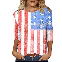 Women July 4th American Flag Graphic 3/4 Sleeve T Shirt Independence Day Patriotic Shirts Crewneck Loose Fit Blouse