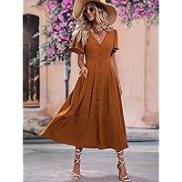 Dresses for Women Dress Women's Dress Butterfly Sleeve Button Front Fold Pleated Detail Dress Dress (Color : Brown, Size : Small)