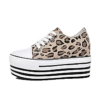 Sneakers for Women Leopard Canvas High-Top Lace-Up Casual Shoes Anti-Skid Hidden Wedge Heel Breathable Platform Shoes for Daily Wear Fashion