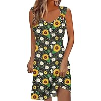 Dresses for Women Sexy V Neck Plus Size Dresses Sleeveless Wide Strap Tank Top Dress Sunflower Sparkly Midi Dresses
