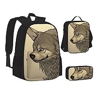 Wolf Pattern Backpack, Laptop Backpack With Lunch Bag And Storage Box 3 Piece Set, 15 Inch Large Backpack