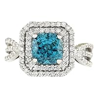 5.46 Carat Natural Blue Zircon and Diamond (F-G Color, VS1-VS2 Clarity) 14K White Gold Engagement Ring for Women Exclusively Handcrafted in USA