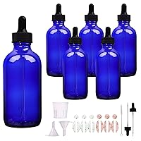 6 Pack 4oz Cobalt Blue Glass Bottles with Glass Eye Droppers for Essential Oils, Perfumes & Lab Chemicals (Brush, Funnels, 2 Extra Droppers, 12 Pcs Labels & Measuring Cup Included)