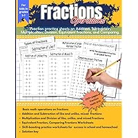 Fractions Operations: Fraction practice sheets on addition, subtraction, multiplication and division, equivalent fractions, comparing for kids in grades 5-7.