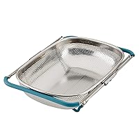 Rachael Ray Tools and Gadgets Over-The-Sink Colander/Strainer, 4.5 Quart, Stainless Steel with Agave Blue Handles
