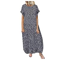 Womens Casual Loose Tshirt Dress Printed Roll-Up Short Sleeve Crewneck Long Maxi Dresses Cotton Summer Beach Sundress