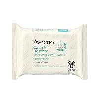 Aveeno Calm + Restore Nourishing Makeup Remover Face Wipes, Fragrance Free Facial Cleansing Towelettes with Oat Extract & Calming Feverfew, Alcohol Free, 100% Plant-Based Cloth, 25 ct