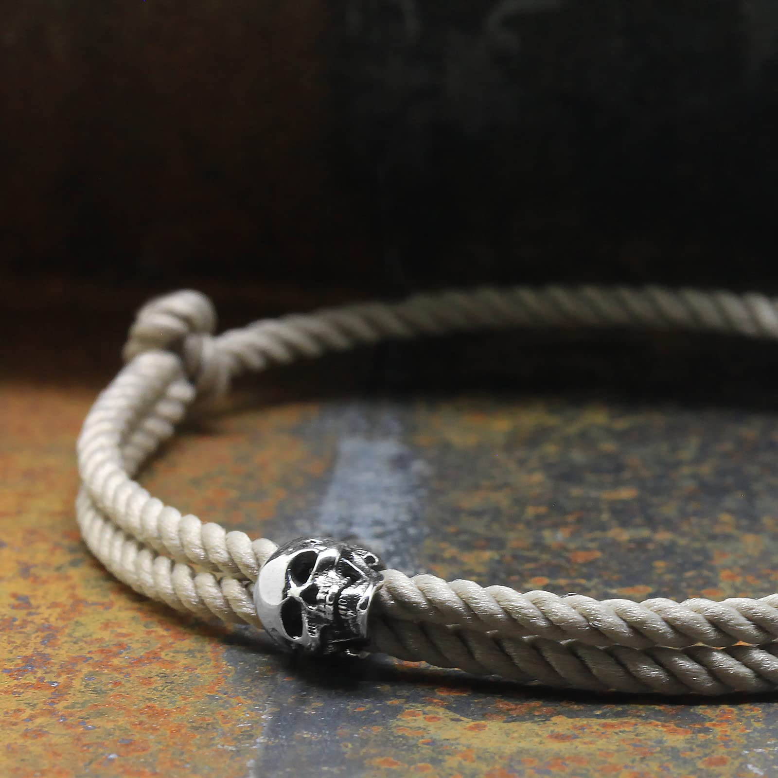 Nato Cuff - Sterling Silver Skull Bracelet - Milanese Silk Cord - Handmade in France Mens and Womens Jewelry
