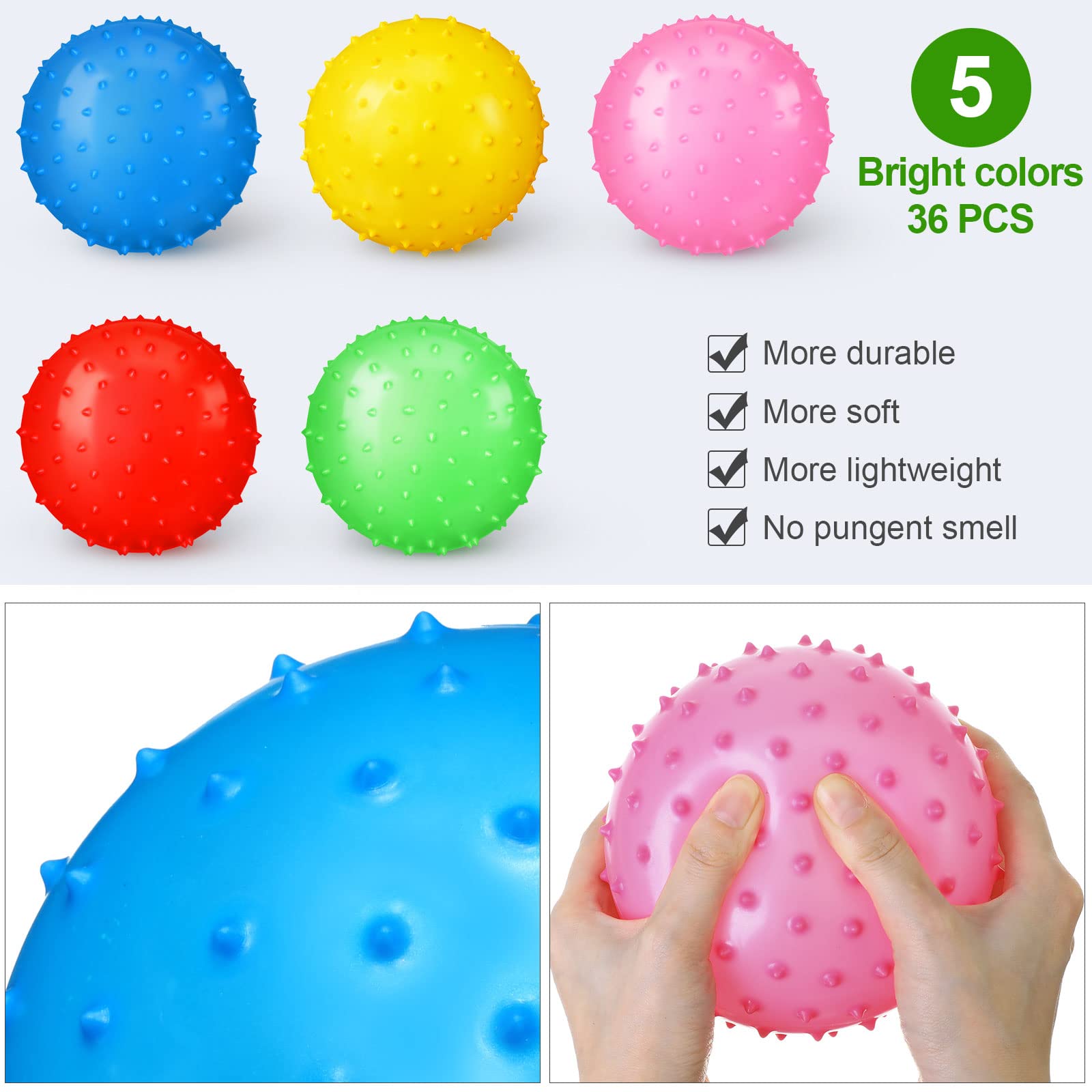 Vinsot 36 Pieces Knobby Balls 4.72 Inch Soft Bouncy Balls Tactile Sensory Balls with Air Pump Set Assorted Color Spiky Massage Stress Balls Fidget Toys and Party Favors Red/Yellow/Green/Blue/Pink