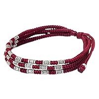 NOVICA Handmade Silver Accent Wristband Bracelet 950 Braided from Thailand Fine No Stone Red Beaded Hill Tribe [7 in min L x 9.75 in max L 10 mm W] 'Forest Thicket in Red'