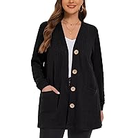 LARACE Open Front Cardigan for Women Cable Knit Sweater with Pockets Plus Size Long Sleeve Tops Button Down Winter Coat