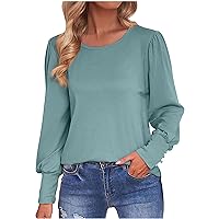 YZHM Women's Casual Tops Puff Sleeve Shirts Dressy Casual Blouses Round Neck Trendy Tshirts Solid Loose Fit Tunic Tops Tees