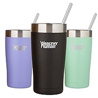 Healthy Human Stainless Steel Tumbler with Straw & Lid | Splash Proof Insulated Travel Cup | Eco-Friendly Coffee Tumblers | Water Cups with Straws Cleaner and Splash Proof Lids (20oz, Pure Black)