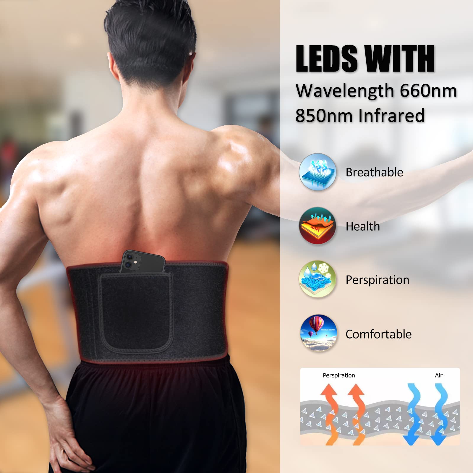 ADVASUN New LED Red Light Belt Devices for Body Flexible Wearable Deep Red 660nm and Near Infrared 850nm Pad with Timer for Back Shoulder Joints Muscle,Waist with 2 Wavelengths(Blue-105pcs)
