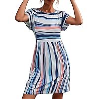 Women's Dresses Summer Dress Ladies Stripe Print Casual Flowy Pleated Loose Classic Stripe Print Dress(Blue,Small