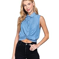 Women's Collared Sleeveless Twisted Tencel Denim Button up Tie Front Top