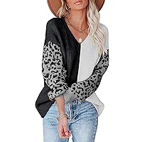 ANCAPELION Women’s V Neck Sweater Pullover Leopard Long Sleeve Basic Color Block Jumper Casual Knitted Tops