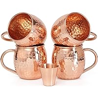 Willow & Everett Set of 4 Moscow Mule Copper Mugs with Copper Shot Glass - 4 16oz Copper Moscow Mule Mugs - Solid Copper Hammered Mug - Copper Cups for Moscow Mules