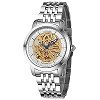 WhatsWatch Men's Gold Tone Skeleton Dial with Silver Stainless Steel Strap Automatic Wrist Watches -300