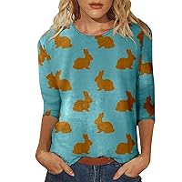 Womens 3/4 Length Sleeve Tops Casual Cute Bunny Easter Eggs Print Easter Shirts Crew Neck Blouses Loose Fit Tops