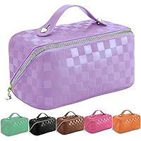 Travel Makeup Bag for Women, Portable Checkered Cosmetic Bag organizer, Water-resistant PU Leather Travel toiletry bag for Travel, Gifts, and Daily Use (Purple)