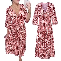 Plus Size Summer V Neck Floral Dress for Women, Loose Casual Print V-Neck Long Dress, Summer Dress with 3/4 Sleeve