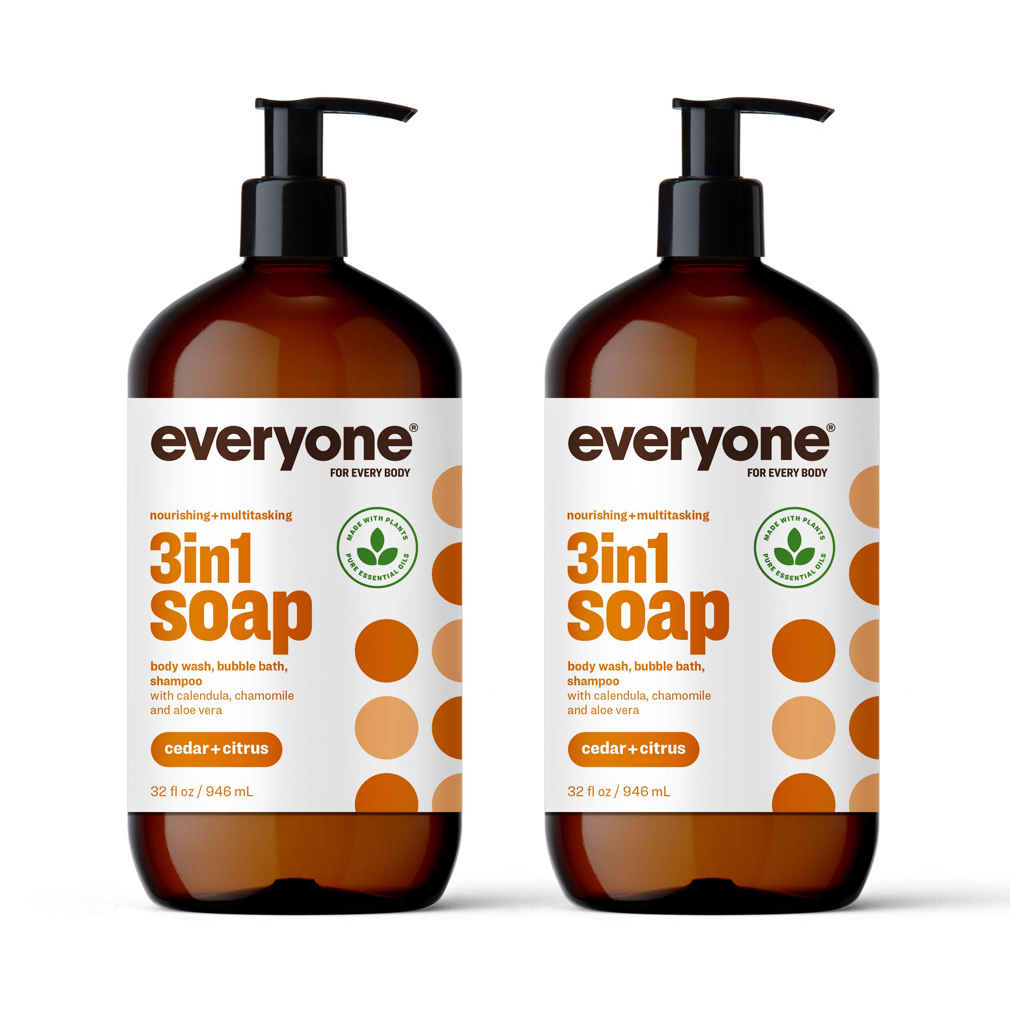 Everyone 3-in-1 Soap, Body Wash, Bubble Bath, Shampoo, 32 Ounce (Pack of 2), Cedar and Citrus, Coconut Cleanser with Organic Plant Extracts and Pure Essential Oils (Packaging May Vary)