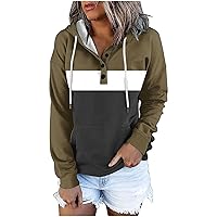 Women Color Block Pullover Hoodie Fashion Patchwork Hooded Blouse Lightweight Winter Fall Sweatshirt with Pocket