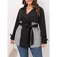 Plus Size Womens Jackets Plus Gingham Panel Knot Cuff Belted Trench Coat Plus Size Jackets (Color : Black and White, Size : X-Large)