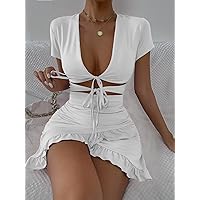 Women's Dress Tied Cutout Front Ruffle Trim Wrap Hem Dress Dresses for Women XIALON (Color : White, Size : Large)